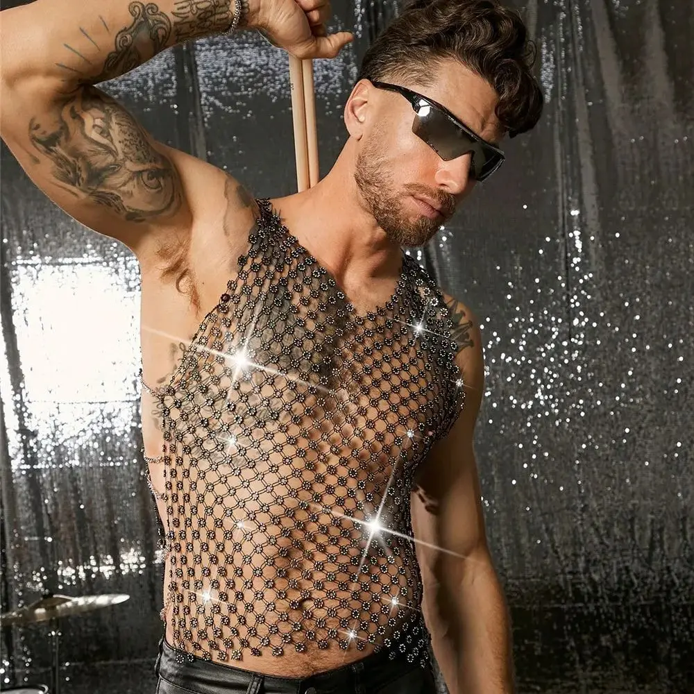 New European And American Men'S Flash Diamond Openwork Vest With Hand-Embedded Rhinestones For Sexy, See-Through Menswear