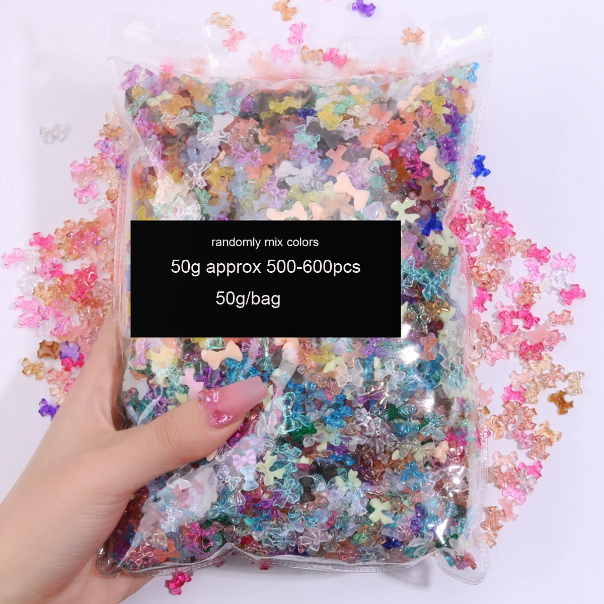 50g/Saco de Acessórios 3D para Unhas: Laços/Flor de Resina Aurora Mista, Borboletas Coloridas/Fitas, Strass para Nail Art e Acessórios DIY para Manicure