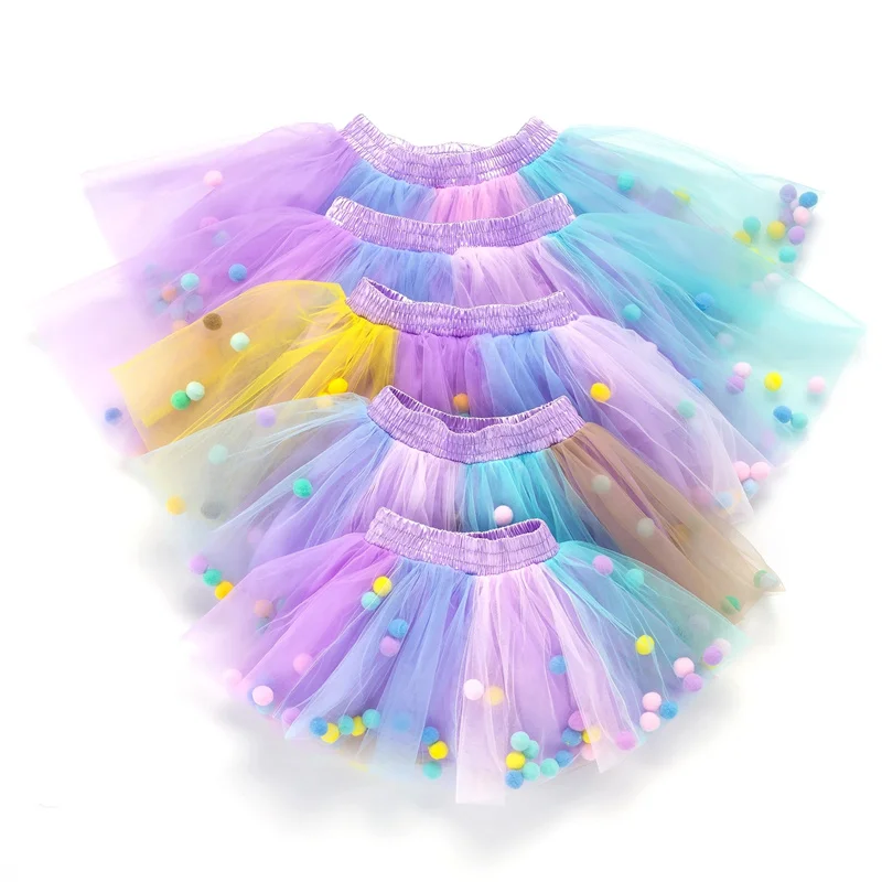 2024 New Arrival Infant Mulity Colorful Tulle Tutu Skirt Pom Pom Princess Mini Dress Children Clothing Pettiskirt Girl Clothes