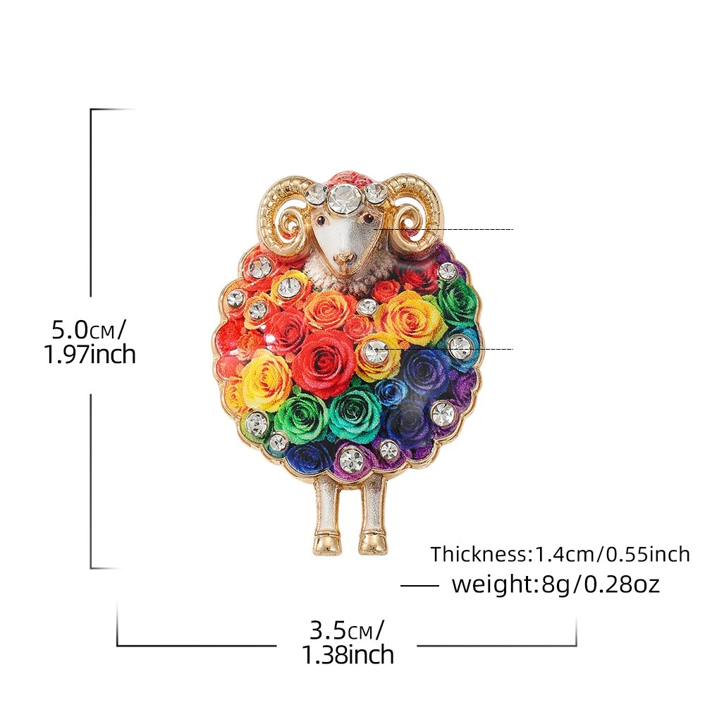 Vintage Enamel Rose Ram Sheep Brooch Colorful Flower Aries Lapel Pin Animal Badge Suit Coat Accessory Cute Women Party Deco Gift