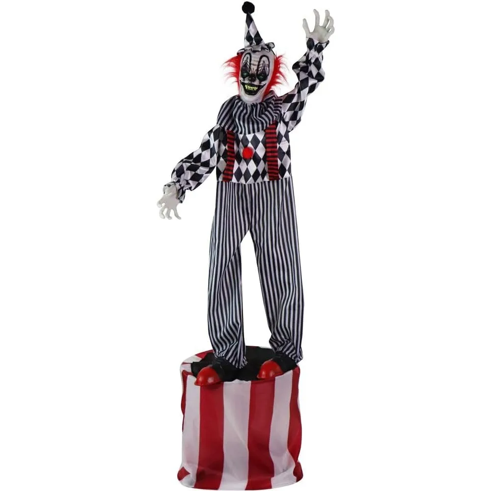 Halloween Animatronic Talking Clown on A Stage with Movement and Light-Up Eyes for Battery Operated Scary Indoor Covered Outdoor