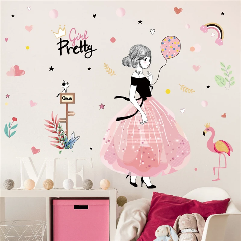 Pretty Girls Flamingo Star Leaf Pattern Wall Sticker For Kids Room Bedroom Home Decoration Cartoon Mural Art Pvc Decal Poster