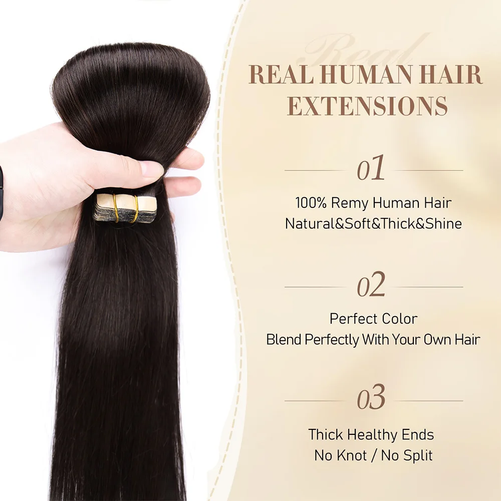 Tape in Hair Extensions Human Hair Seamless Invisible Tape in Extensions Dark Brown #2 20pcs 50g For Women