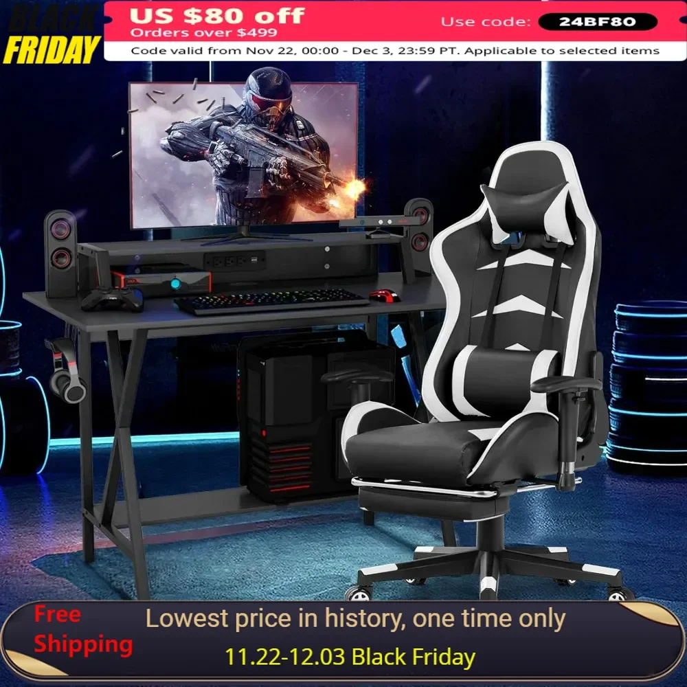 

Gaming Desk & Chair Set, W/Monitor Stand, Cup Holder, Earphone Hook, Seat Adjustment, Reclining Backrest, Gamer Desk & Chair Set