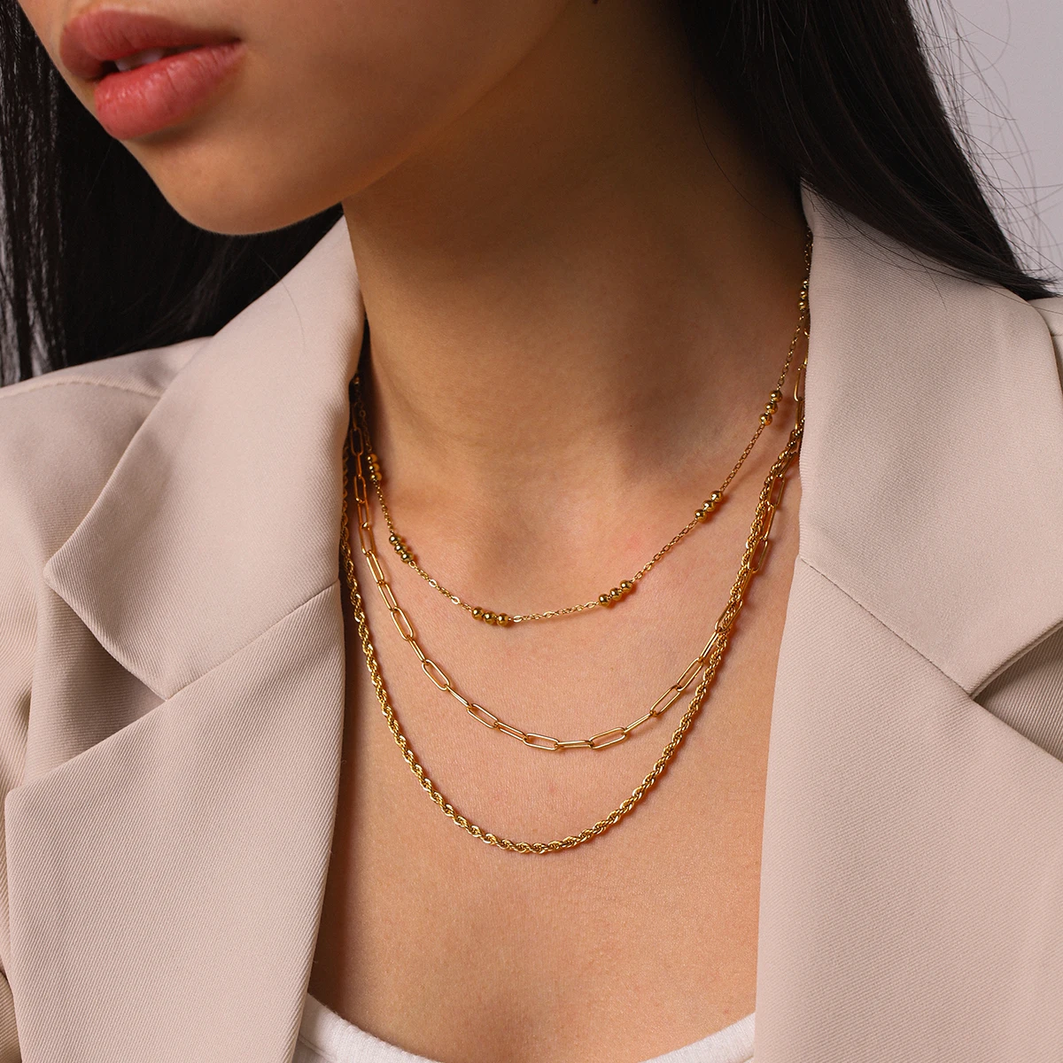 

Gold Color Layered Bead Necklace Dainty Steel Chain PVD Plated Minimalist Aesthetic Women Waterproof Tarnish Free Daily Gift