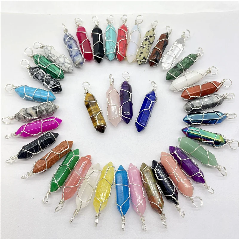 Natural Gem Stone Quartz Crystal Tiger Eye lapis Winding Hexagonal Pendant Reiki Pendulum DIY Jewelry Making Necklaces 24Pcs