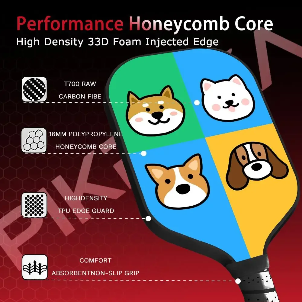 

Pickleball Paddle T700 Carbon Fiber Paddle Set Thermoformed 16MM Honeycomb Core with Bag and Grip Tape Simple Cute Dog