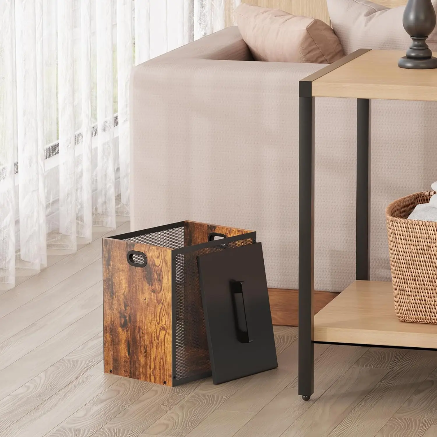 

Офисная мусорная корзина с крышкой - комбинированная из железа и дерева, для спальни, в ретро-индустриальном стиле, с ручкой.