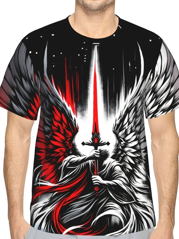T-shirt homme vintage à imprimé ange et épée à double aile, style gothique, streetwear, haut décontracté d'été à manches courtes