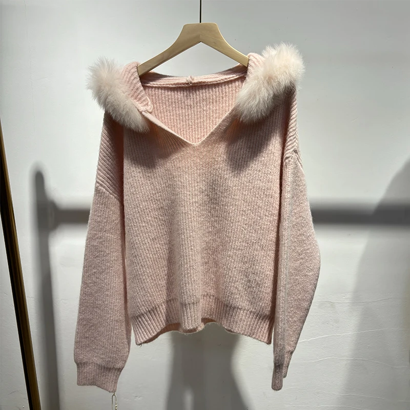 2025 Hot Sale Girl Winter Pink Real Fox Fur Thick Knitted Hoodie Sweater Loose Female Grey Sweater Hooded Jacket Coat