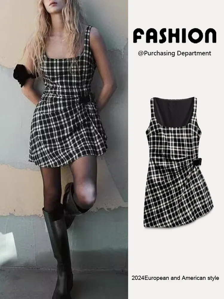 Lente nieuwe collectie dames asymmetrische geruite taille-kalkende afslankende Svel vierkante kraag ort Dr faionable casual