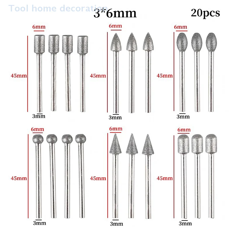 Mini cabezales de molienda de diamante de 20 piezas, kit de herramientas de taladro rotativo de vástago de 3mm, accesorios abrasivos