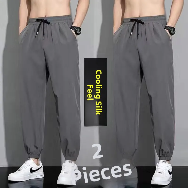 Pantaloni casual da uomo in seta di ghiaccio Cool Feeling Qui Dry Elastico Sottile Sport Pantaloni lunghi con risvolto All-Match Pantaloni leggeri estivi