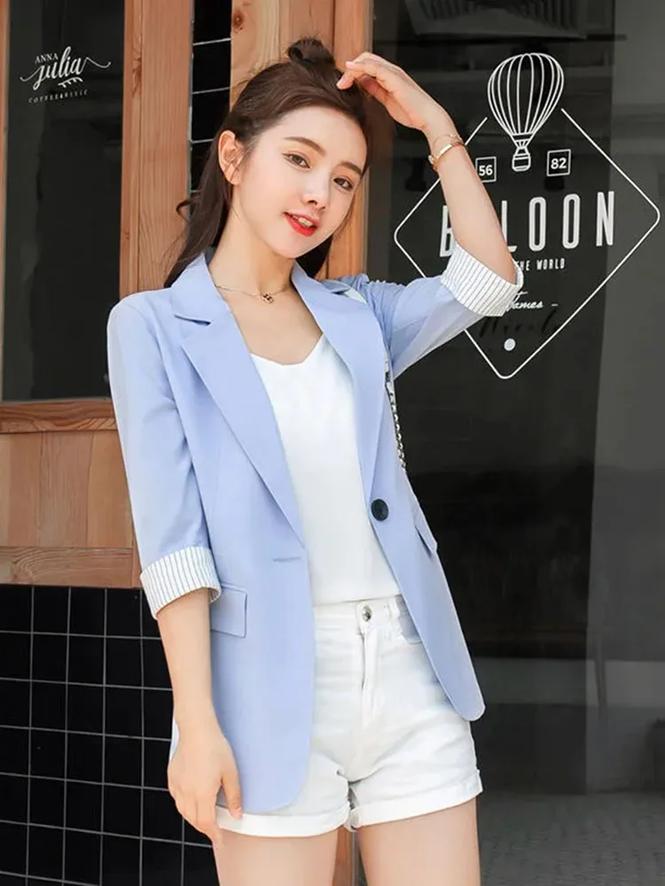 Senhoras blazers azul cor sólida fino três quartos mangas verão blazer fino feminino terno casacos feminino casual branco preto jaqueta