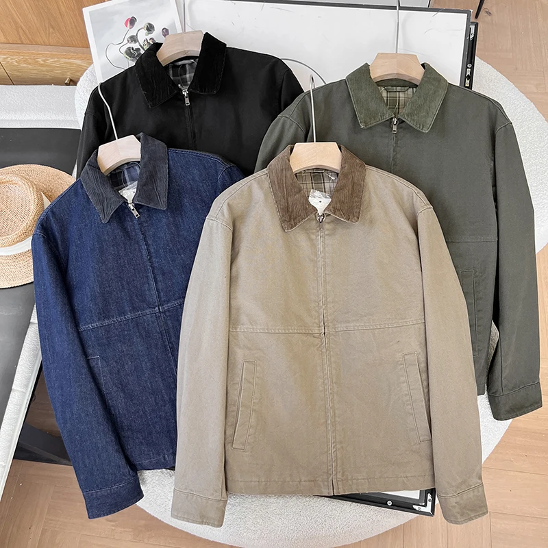 

ex Retro American Corduroy Work Jaet Pure Cotton Casual Turn-down Collar Couple Outerwear ort Sle Zipper Closure