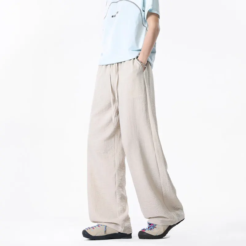 Men's White Cotton Linen Pants Casual Loose Solid Elastic Waist Pocket Straight Trousers Man Oversized Wide Leg Pants Streetwear