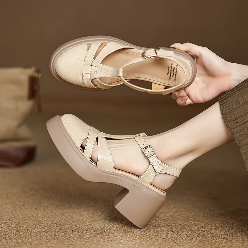 EAGSITY Cow Leather British style retro high heel sandals women shoes ankle strap chunky heel pumps retro block heel sandals