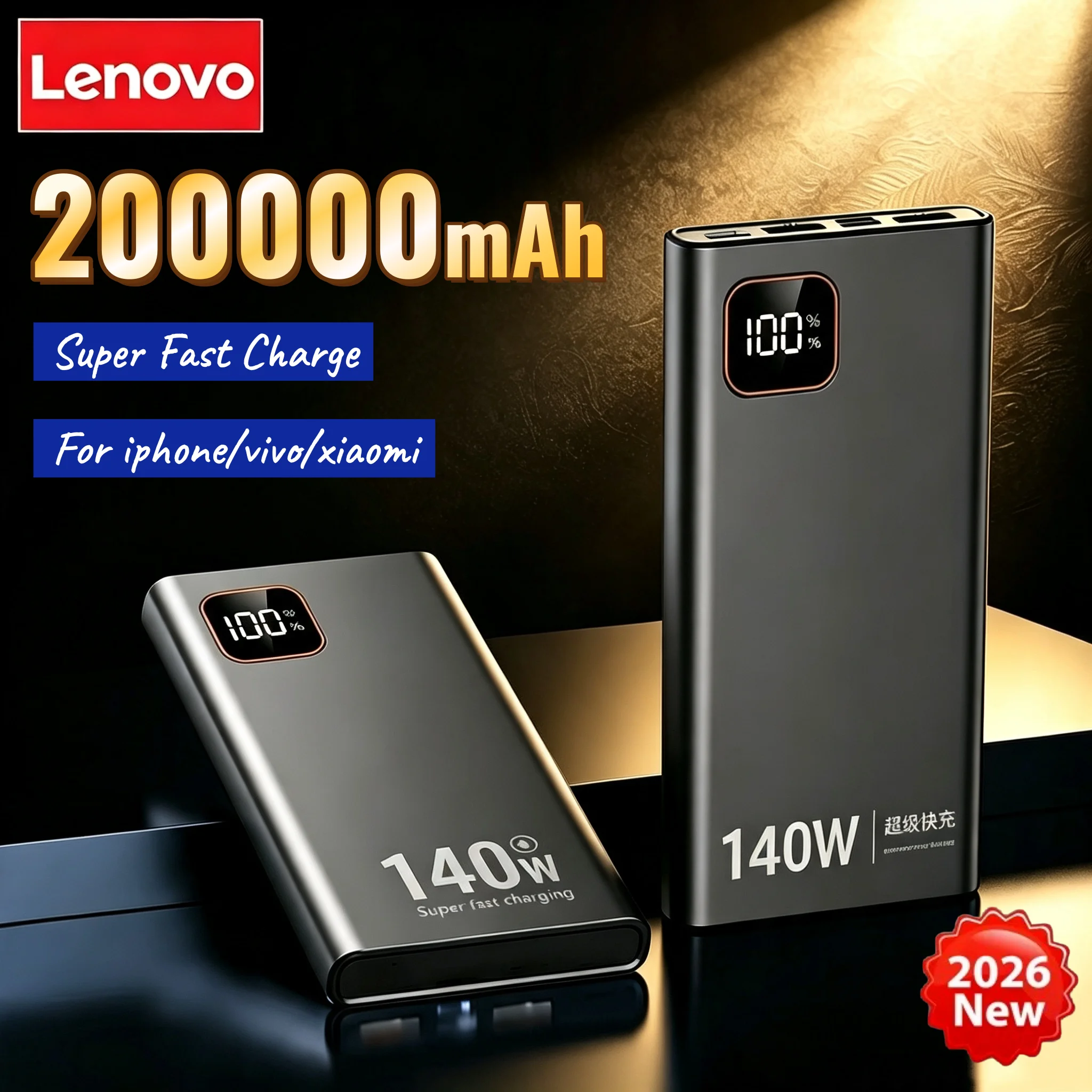 Lenovo 200000mAh 140W Super Fast Charging Power Bank Ultra Capacity Portable Charger New Arrival for iPhone Samsung