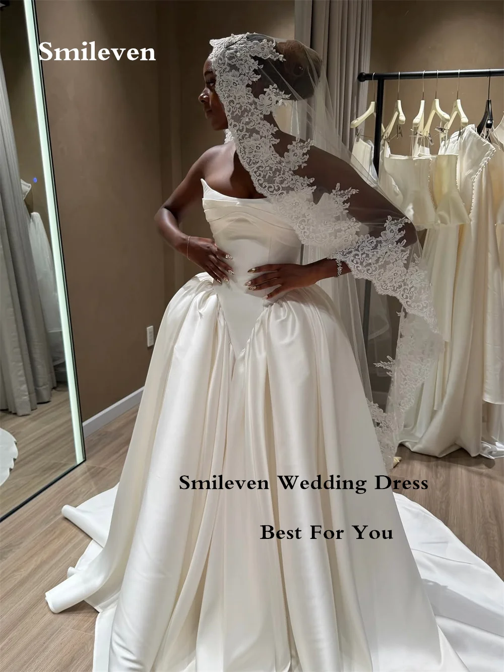 Smileven White Ball Gown Wedding Dresses Sweetheart Strapless Sleeveless Bridal Dress Draped Bodice Court Train Gowns Customized