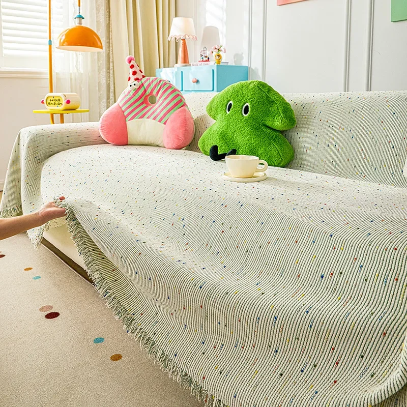 High End Ins Style Color Dot Printed Sofa Cover Soft Dustroof Couch Cover with Tassels Four Season Universal Furniture Protector