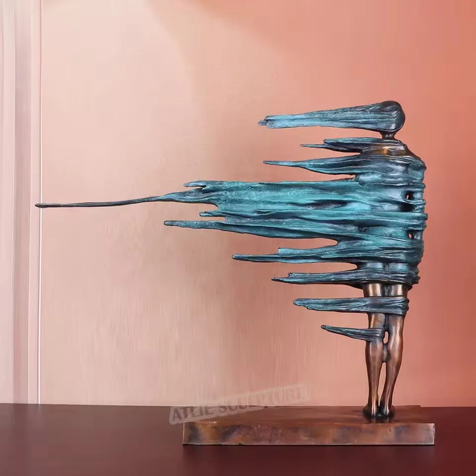 

52CM Large Abstract Bronze Girl Statue in Strong Wind Woman Body Art Sculpture Modern Hallway Home Decoration