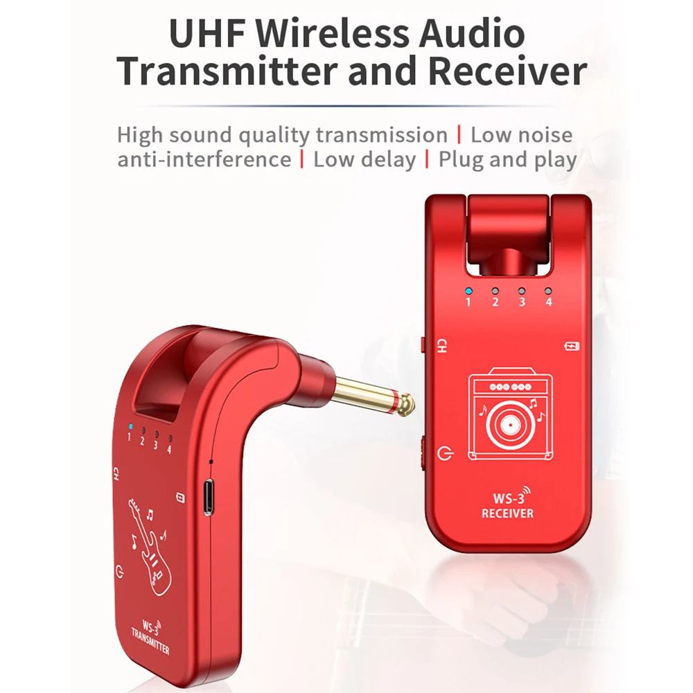 UHF 4 Channels Wireless Guitar System Transmitter and Receiver 800MHz-900MHz Plug and Play 6.35mm Audio Interface