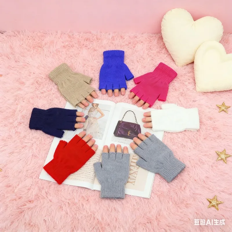 1Pair Unisex Black Half Finger Fingerless Gloves for Women and Men Knit Wrist Cotton Winter Warm Work Mittens