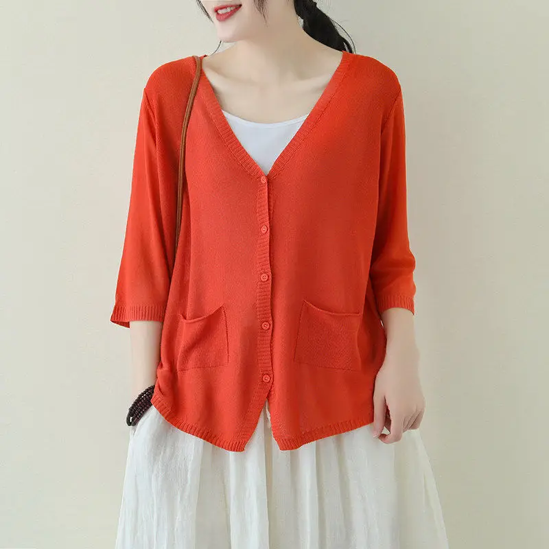 

Cardigans Women Knit Cardigan Vintage Cute Summer All-match Streetwear Solid V-neck Thin Sunproof Korean Fashion Casual Simple