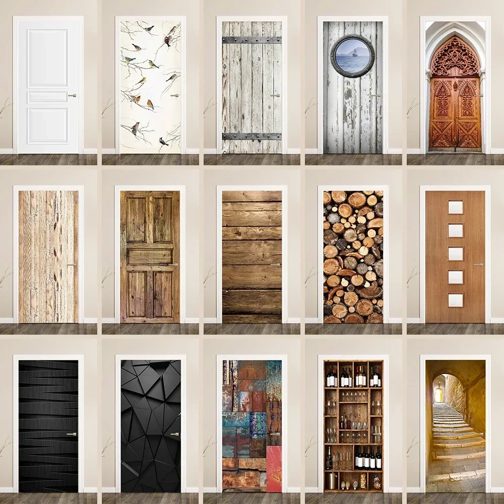 

Retro Wood Design Printed Door Wrap Stickers Makeover Self-adhesive 3D Realistic Vintage Wooden Full Door Cover Decals Wallpaper