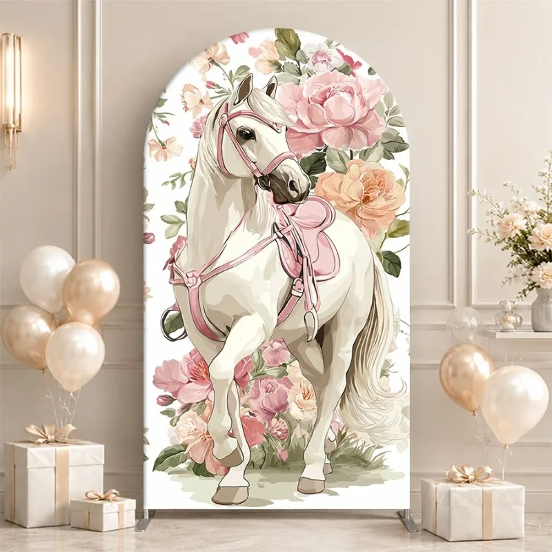 Single Side Arch Backdrop Cover Elegant White Horse with Pink Floral Saddle Background for Wedding or Bridal Party Decorations