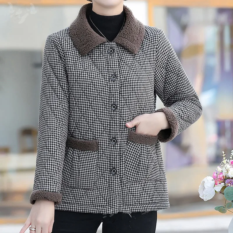 Middle-Aged Elderly Cotton Coat Women Fashion Plaid Plush Warm Parker Jacket Female Korean Loose 5XL Large Size Outerwear 2461