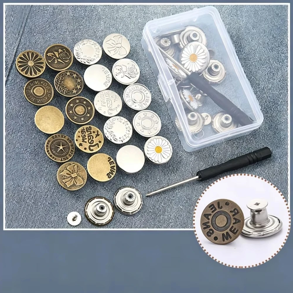 Flat Head Nail-Free Jeans Buttons, Removable No-Sew Metal Tack Buttons, Adjustable Waist Reduce Buttons for Pants