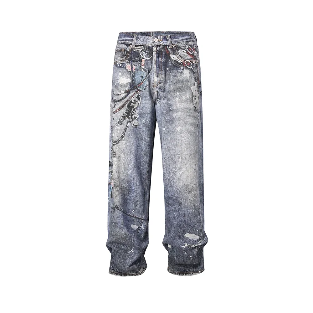 High Street Chain Print Frayed Washed Baggy Jeans for Men and Women Y2k Casual Loose Denim Trousers Ropa Hombre Casual Pants