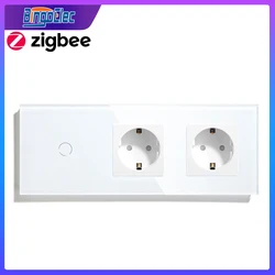 Bingoelec Interruptor táctil ZigBee, 1 Banda, 2 entradas, interruptor de luz inteligente con enchufe doble europeo, enchufe de pared, Control por aplicación de Google y Alexa