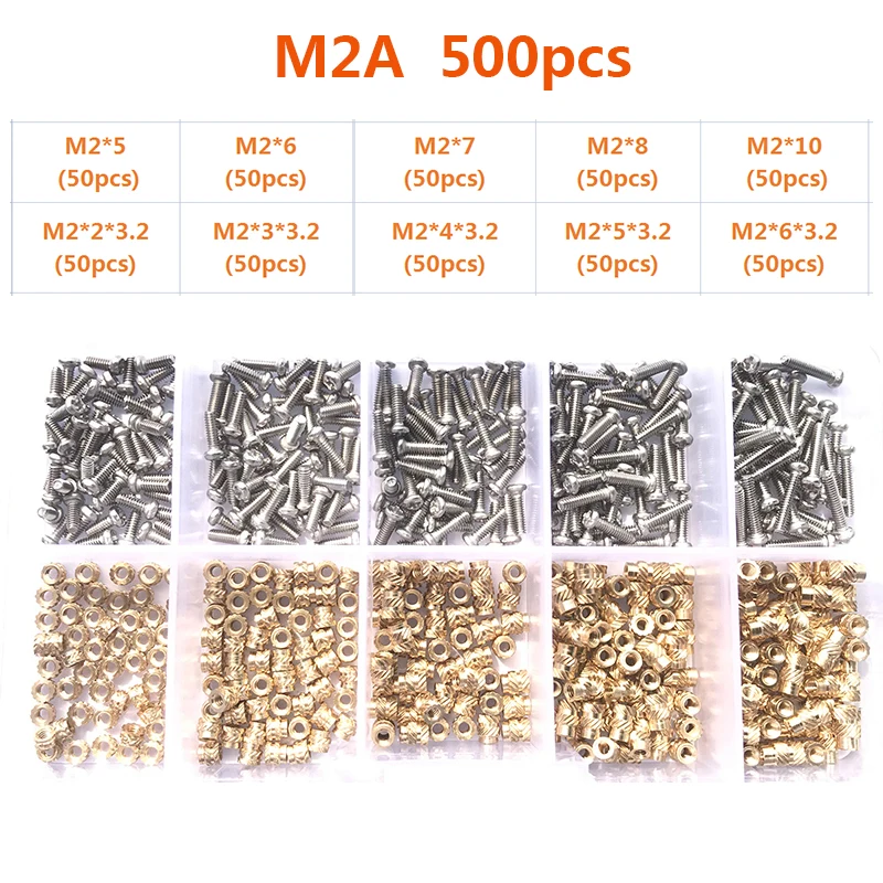 Messing-Einsatzmutter und Schrauben-Sortiment-Set, 260–500 Stück, M2, M3, M4, Hot-Melt-Einsatz, Rändelmutter, Injektions-Einbettungsmutter für 3D-Drucker