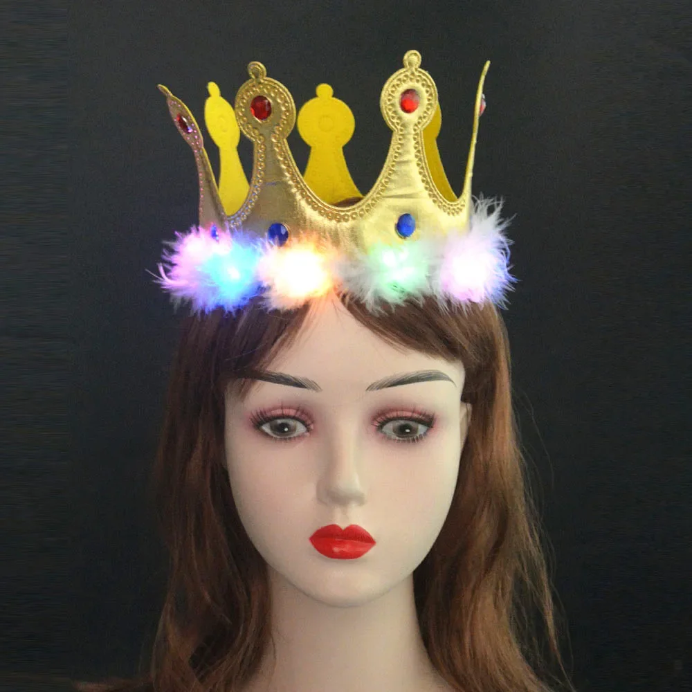 10pcs Party Gold LED Light Up Flash Feather Rhinestone Birthday Hat King Prince Queen Princess Crown  navidad  Halloween