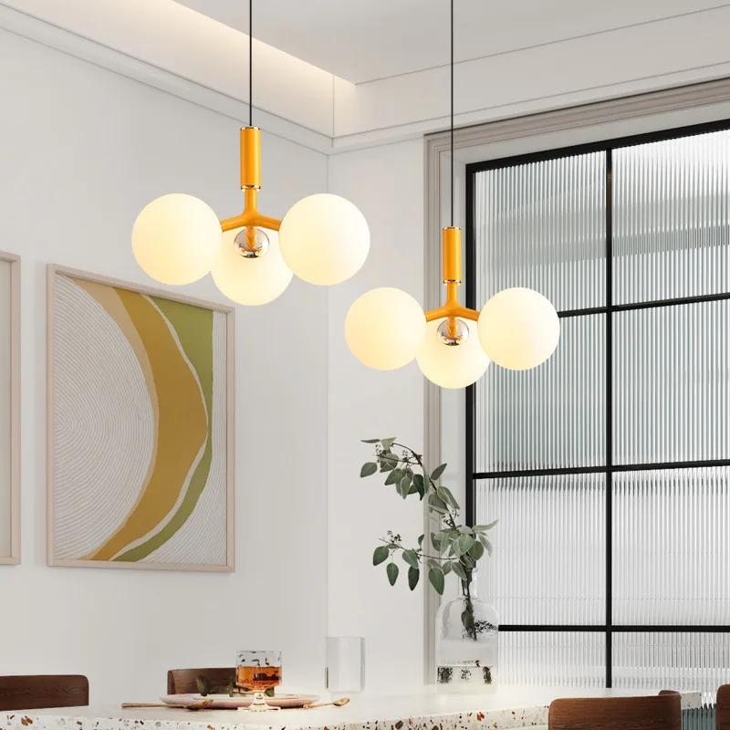 Nordic Three Heads White Glass Ball LED Chandelier Aluminium Pendant Lights Bedroom Bedside Restaurant Living Room Hanging Lamps
