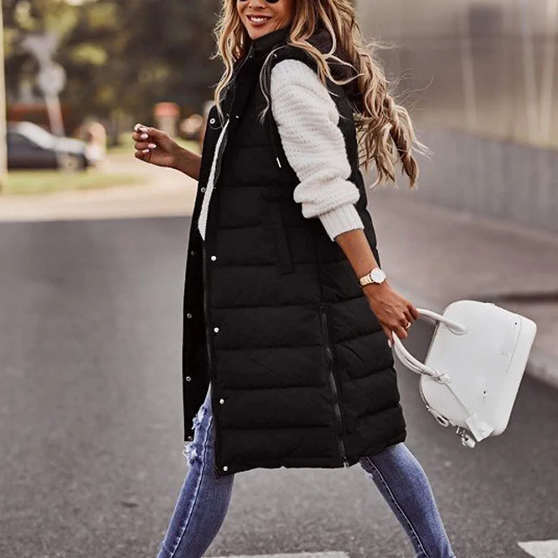 Long with Hood Outdoor Vest Down Women\'s Jacket Quilted Coat Sleeveless Jacket Winter Light Weight Sweaters