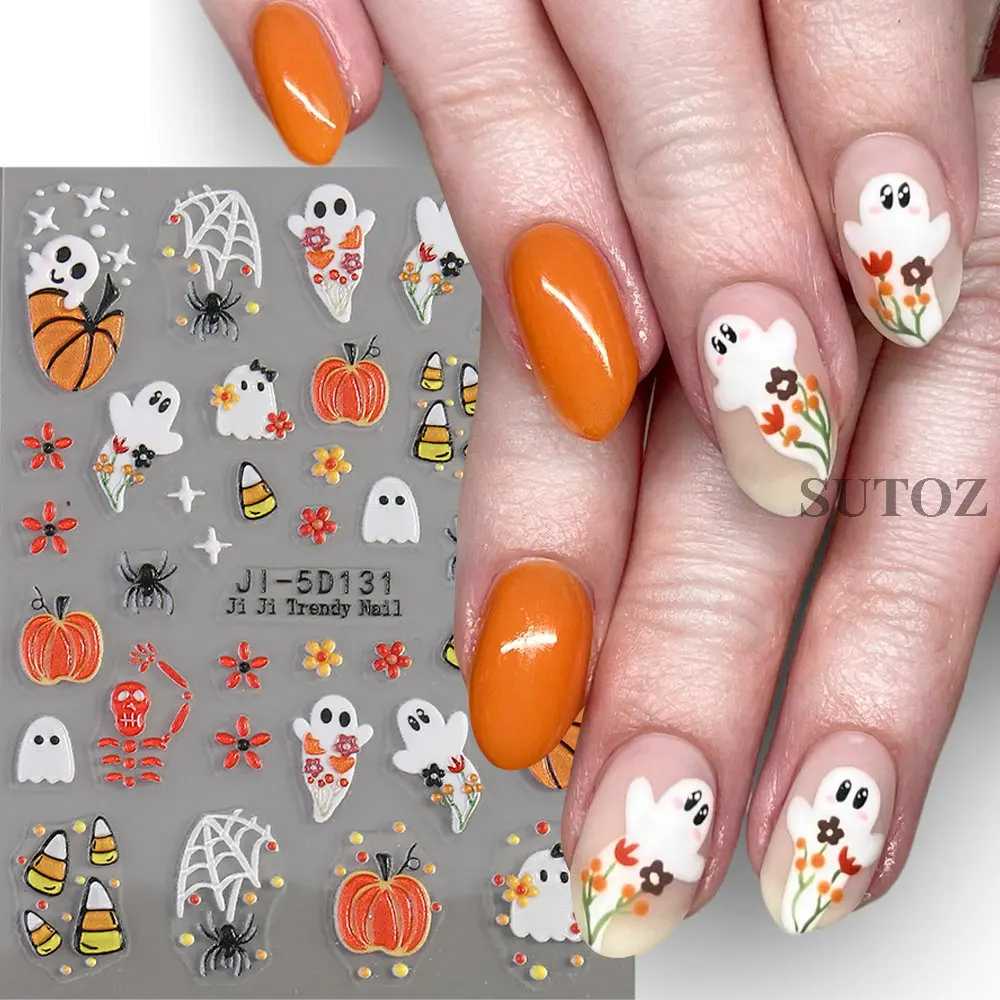 5D Witch Ghost Nail Stickers Cute Halloween Decoration Daisy Skull Sliders Pumpkin Spider Bat Charms Manicure Decals LEBJI-5D131