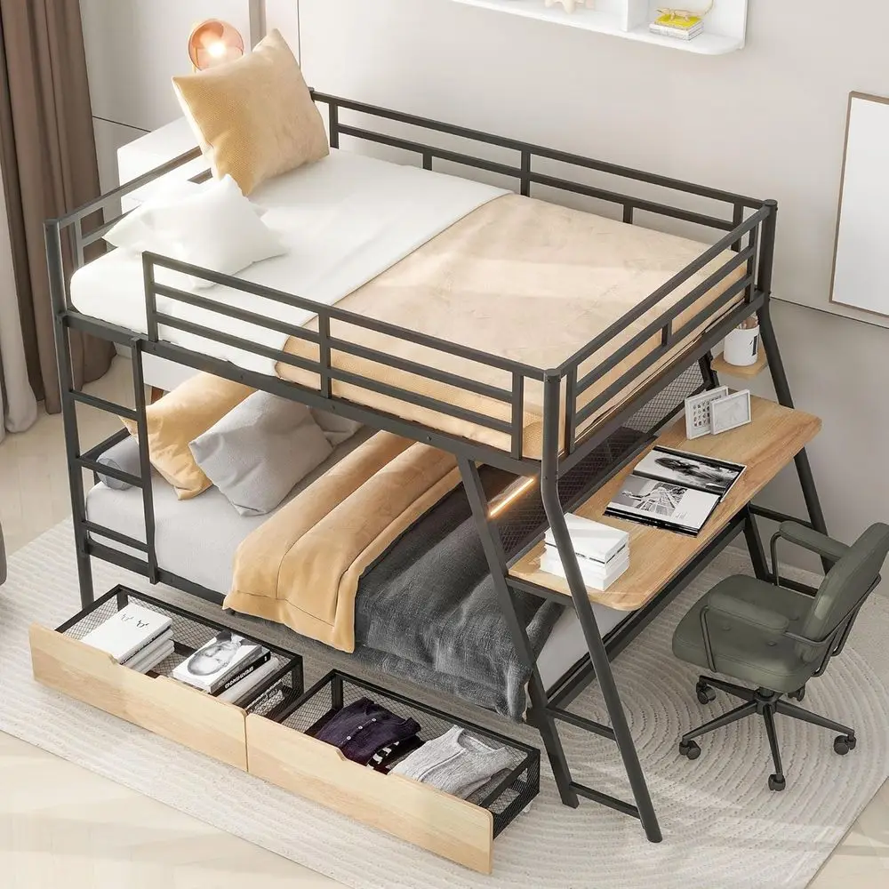 

Over Metal Bunk Bed with Built-in Desk, Style Heavy-Duty Steel Bunk Bed with Light and 2 Drawers, Safety Rail and Built-in Ladde