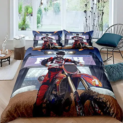 Dirt Bike Duvet Cover Set Motocross Rider Comforter Cover for Kids Boys Girls Teens Motorbike Print Sport Microfiber Bedding Set