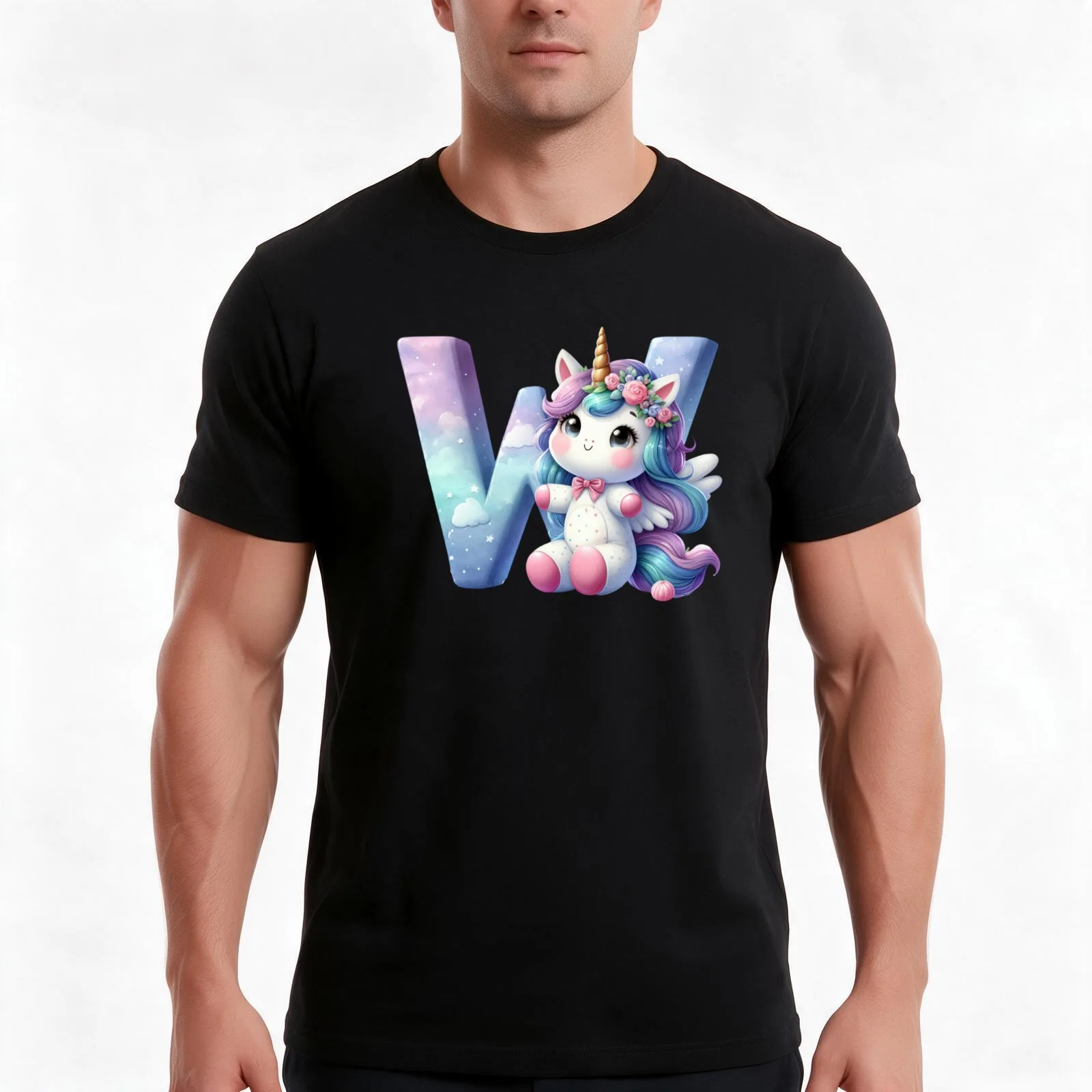 Unicorn kawaii alphabet monogram letter W T-Shirt Summer Casual Cotton Tee Oversized Streetwear Tops Vintage Graphic Print