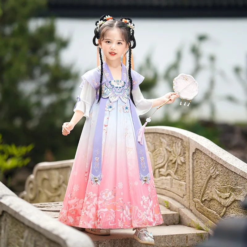 

Girls Tang Dynasty Fairy Chinese Traditional Style Hanfu Ancient Stage Outfit Kids Purple Floral Embroidery Dresses Costumes