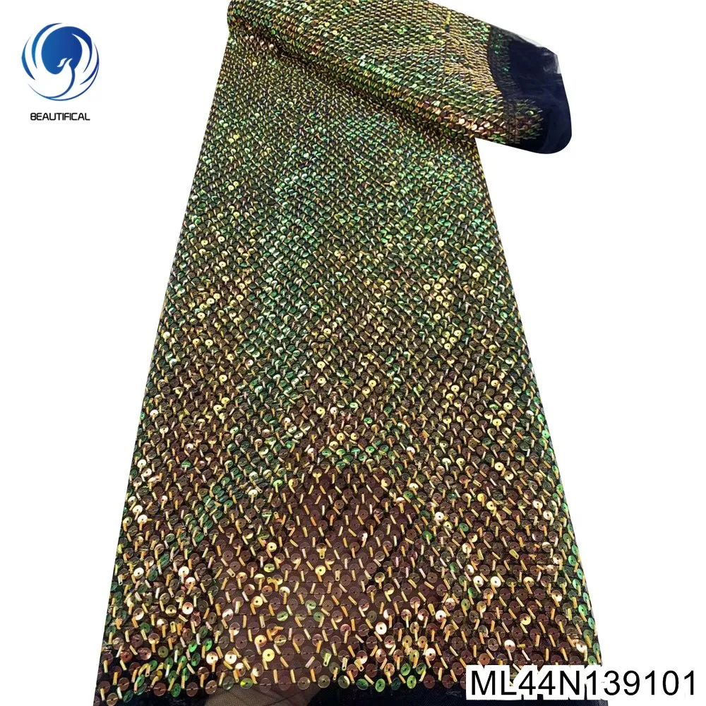 

Heavy Fine Mesh Trim Sequin Sewing Fabric , African Wedding Tulle Lace, Gorgeous Evening Dress , ML44N1391