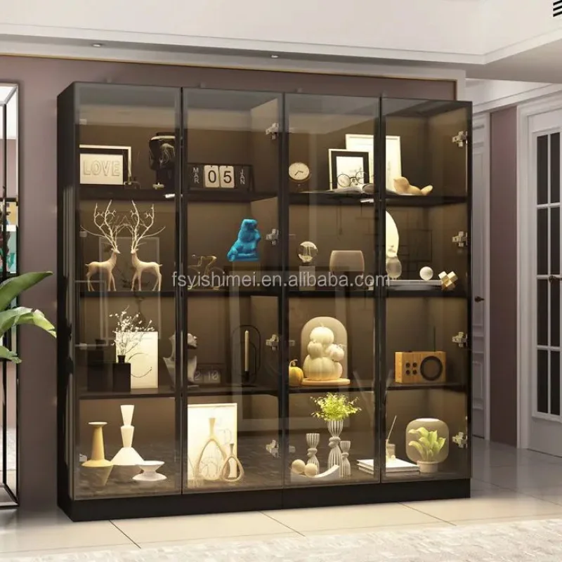 custom.Minimalist Modern Luxury Custom Metal Aluminum Glass Wall Display Cabinet Showcase With Steel Door Led Light Living R