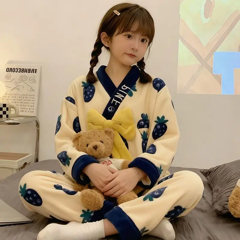 Girls Thickened Flannel Coral Fleece Pajamas Set Warm Cozy Autumn Winter Sleepwear Home Loungewear for Children Kids Toddlers