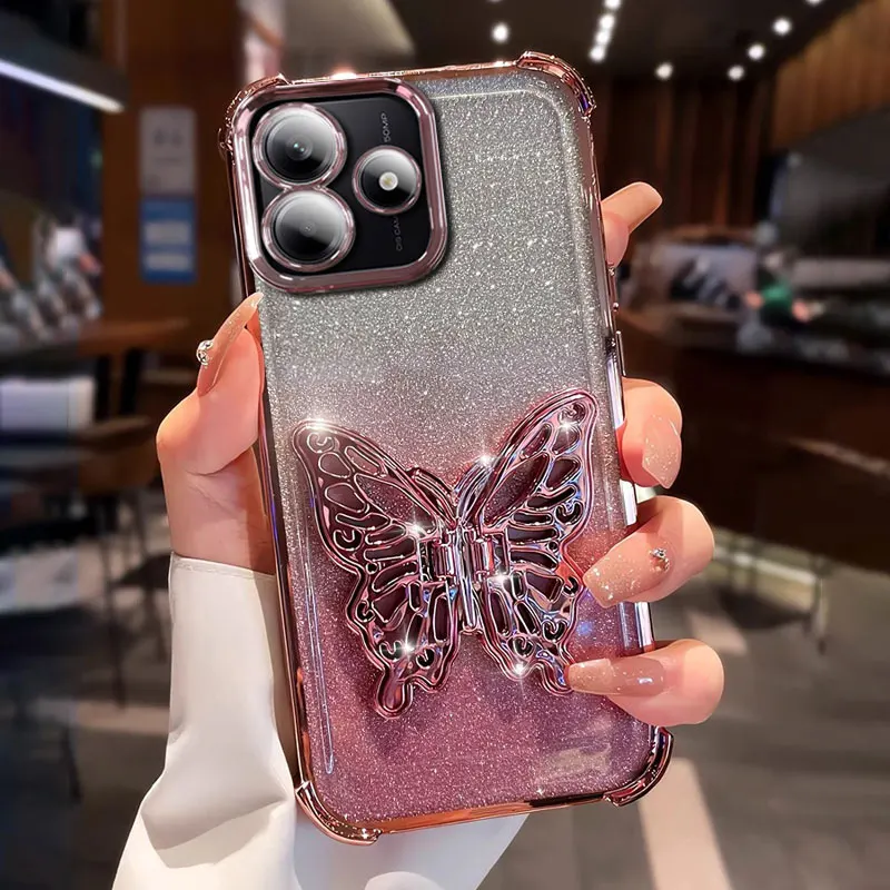 Luxury Case with Butterfly Bracket for Xiaomi, Cover for Redmi Note 14, 13, 12, Pro plus, 14C, 13C, 12C, 10, 5G Shockproof Cases