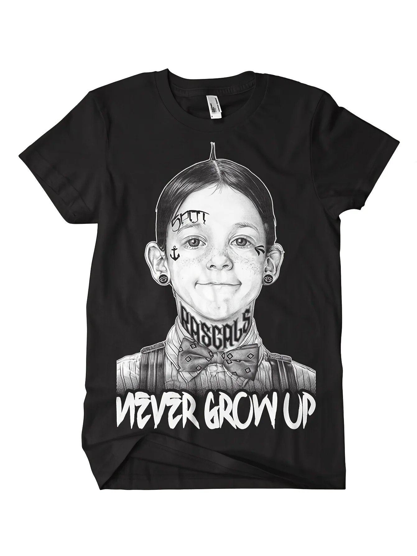 Men's Black Tattoo Graphic T-shirt - NEVER GROW UP Text Design - Gothic Emo Street Style Short-sleeved Top - Regular Fit Suitable for Concerts, Festivals and Daily Wear, Bohemian Fashion, Durable Fabric