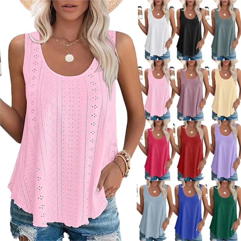 

2024 Women Summer Tank Tops O-Neck Sleeveless Pullover Tops Hollow Design Round Neck Camisole Stretchy Camisole Top Streetwear