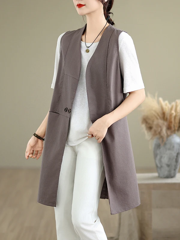 

Women's Cotton Linen Casual Long Outerwear Vest Color Artistic Top V-ne Double Button Regular Thin Summer Season